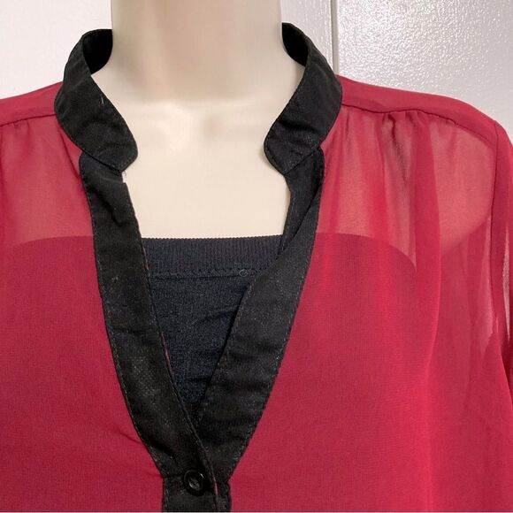 Sheer Button Down High Low Tunic Maroon Black Accent Blouse Womens Large - Picture 5 of 12